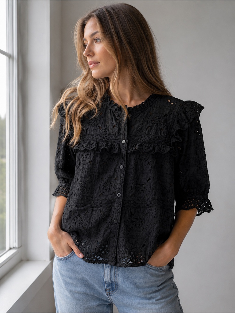 Sam Edelman Coastal Boho Eyelet Ruffle Blouse Cottagecore Romantic Black L